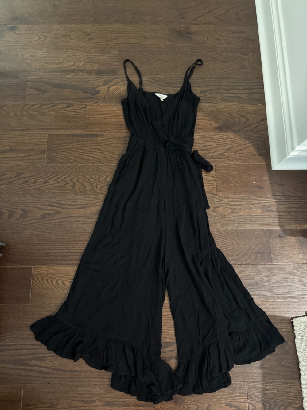 JAIME Black Spaghetti-Strap Wrap Jumpsuit with Ruffle Hem